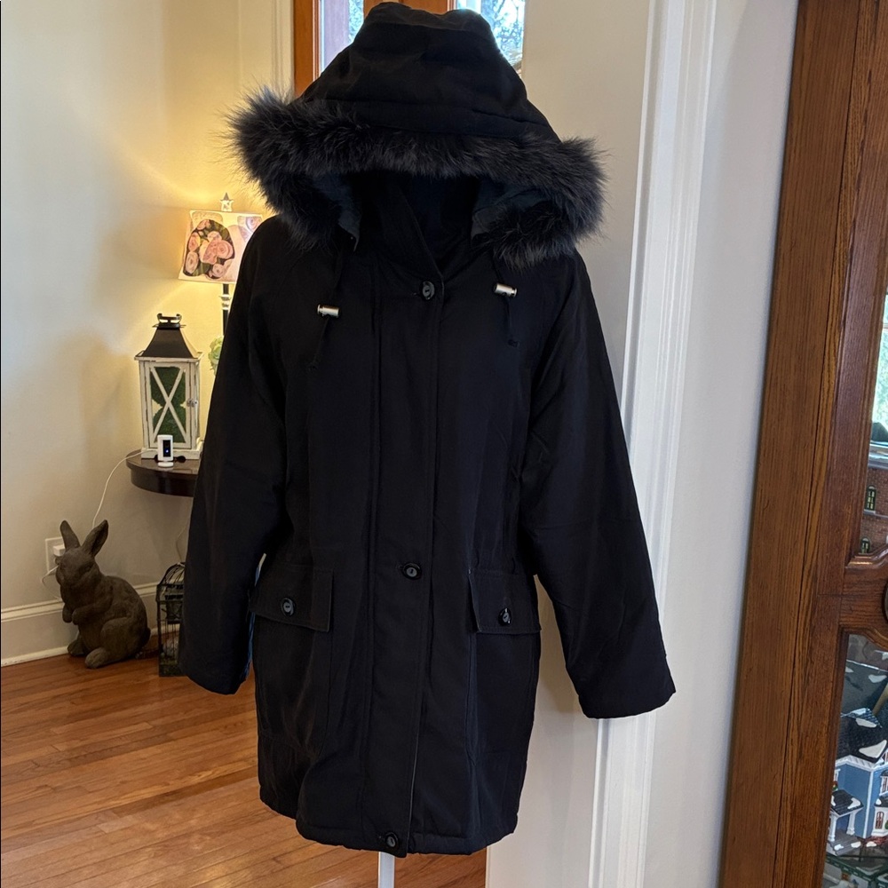 London Fog Black Hooded Coat/Jacket with Fur Trimmed Hood